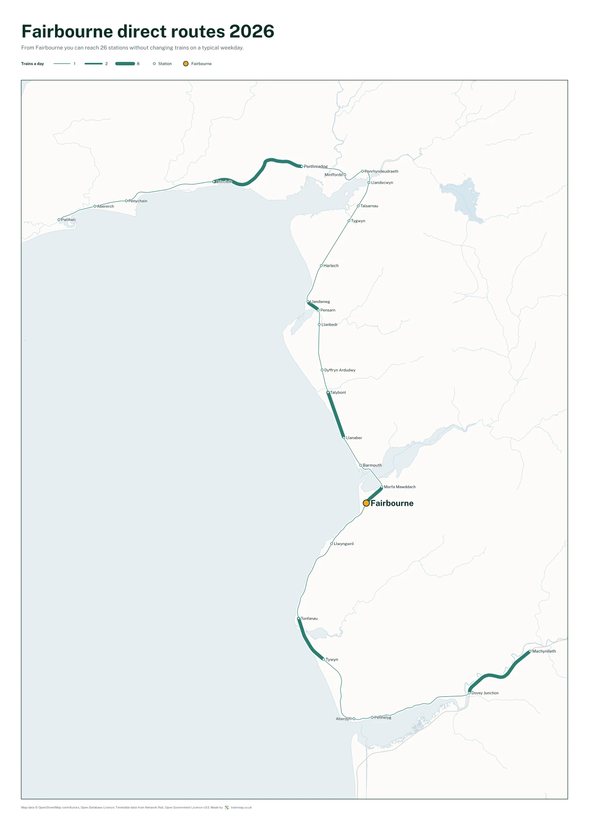 Fairbourne direct routes 2026: a map of every station you can reach from Fairbourne without changing trains, the lines thicker where more trains run