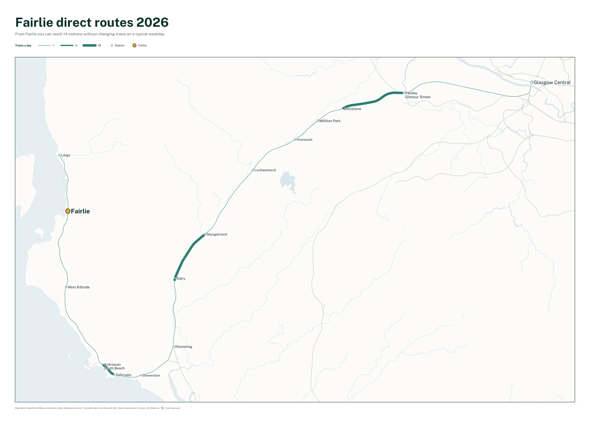 Fairlie direct routes 2026: a map of every station you can reach from Fairlie without changing trains, the lines thicker where more trains run