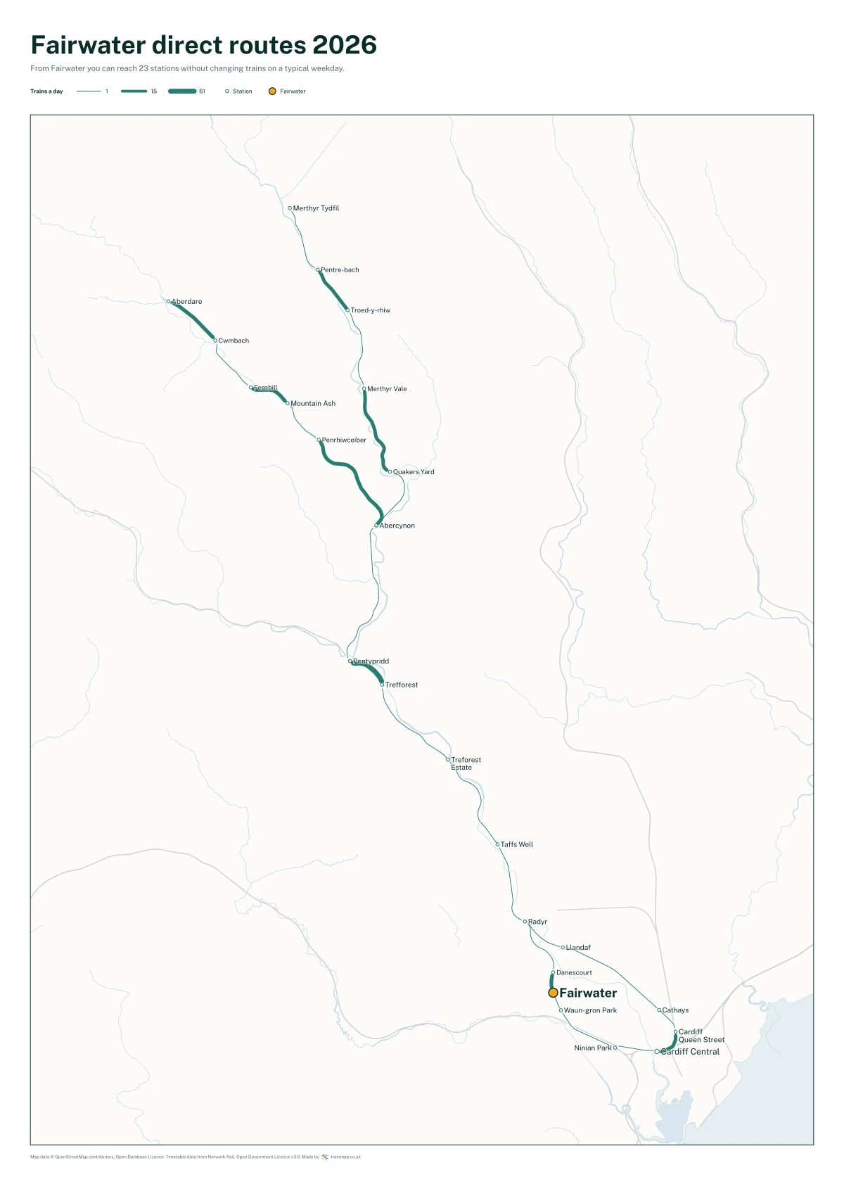 Fairwater direct routes 2026: a map of every station you can reach from Fairwater without changing trains, the lines thicker where more trains run