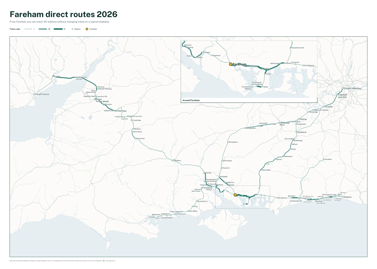 Fareham direct routes 2026: a map of every station you can reach from Fareham without changing trains, the lines thicker where more trains run