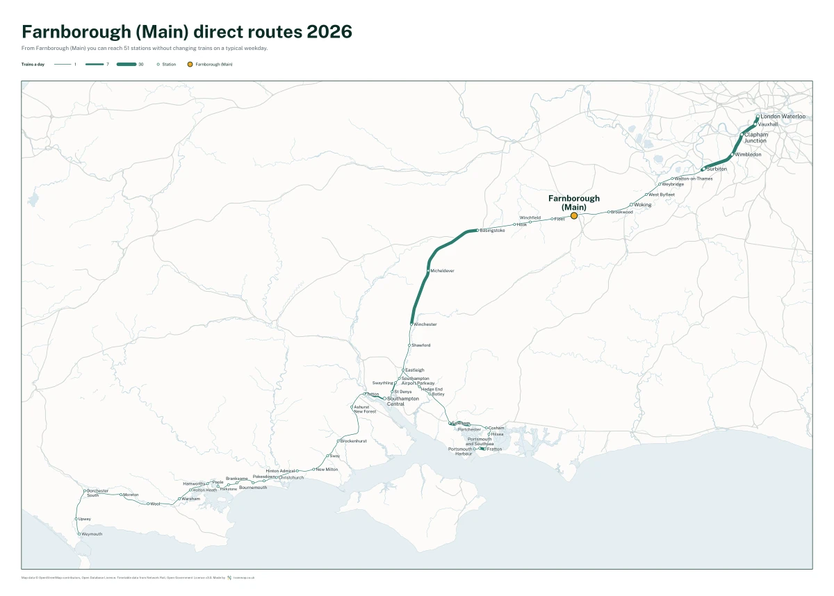 Farnborough (Main) direct routes 2026: a map of every station you can reach from Farnborough (Main) without changing trains, the lines thicker where more trains run