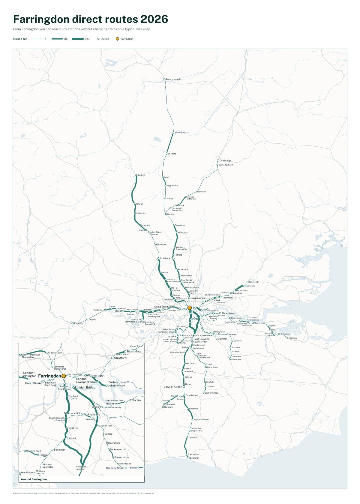 Farringdon direct routes 2026: a map of every station you can reach from Farringdon without changing trains, the lines thicker where more trains run