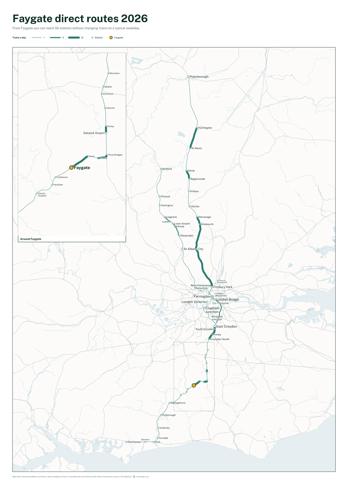 Faygate direct routes 2026: a map of every station you can reach from Faygate without changing trains, the lines thicker where more trains run