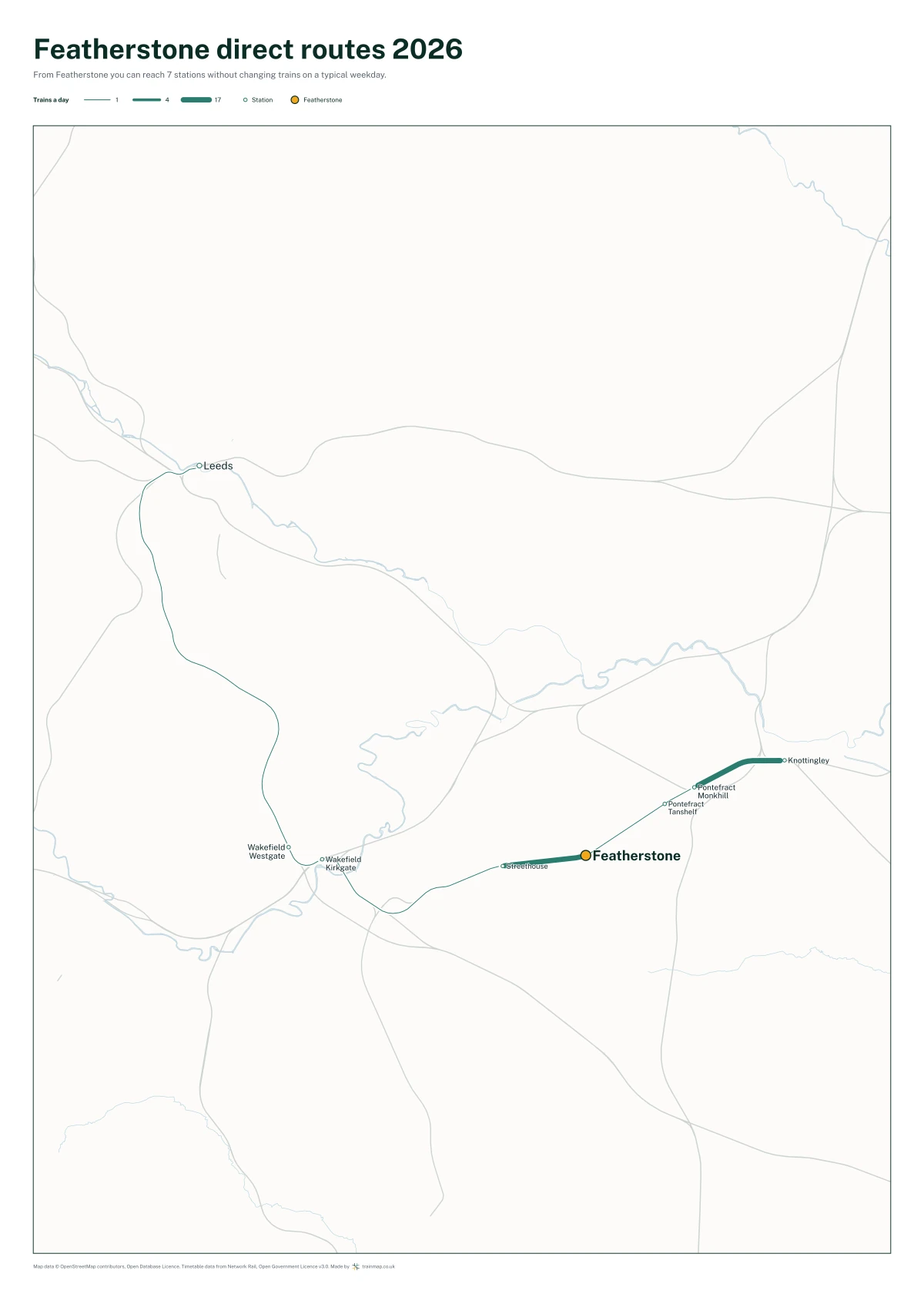 Featherstone direct routes 2026: a map of every station you can reach from Featherstone without changing trains, the lines thicker where more trains run