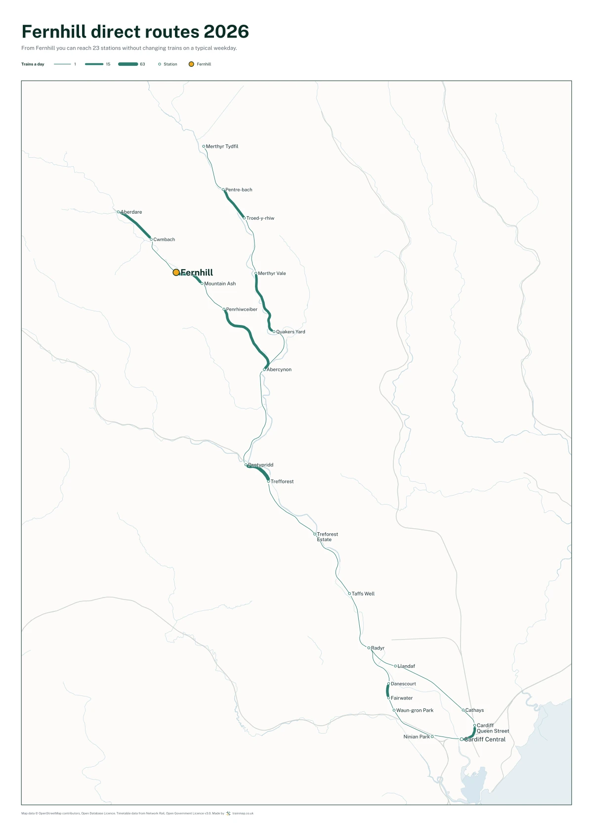 Fernhill direct routes 2026: a map of every station you can reach from Fernhill without changing trains, the lines thicker where more trains run