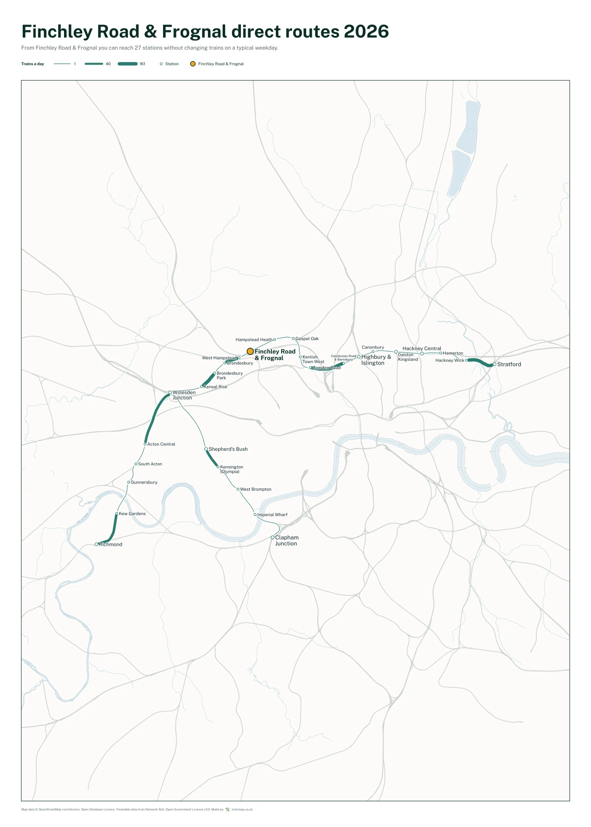 Finchley Road & Frognal direct routes 2026: a map of every station you can reach from Finchley Road & Frognal without changing trains, the lines thicker where more trains run