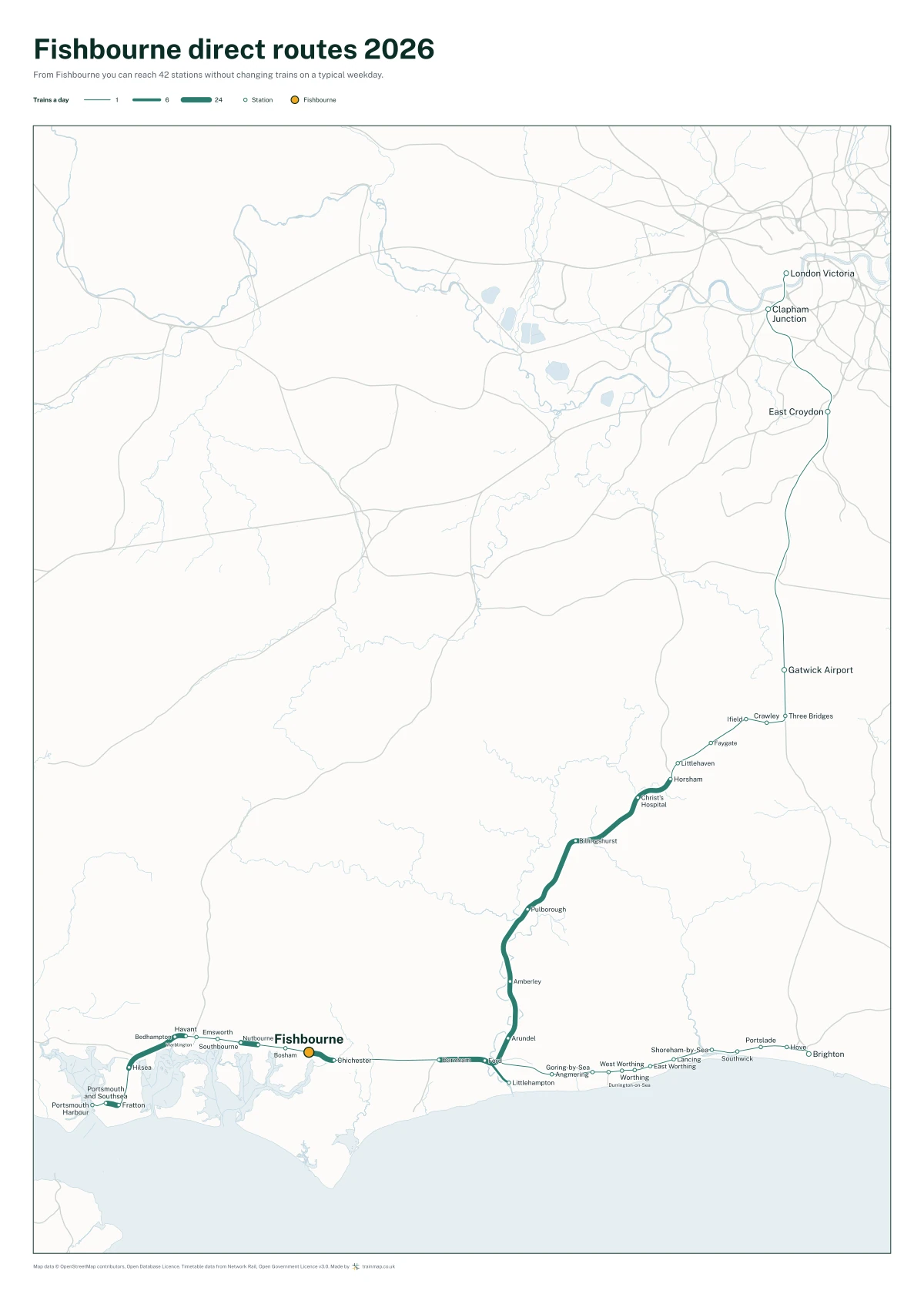 Fishbourne direct routes 2026: a map of every station you can reach from Fishbourne without changing trains, the lines thicker where more trains run
