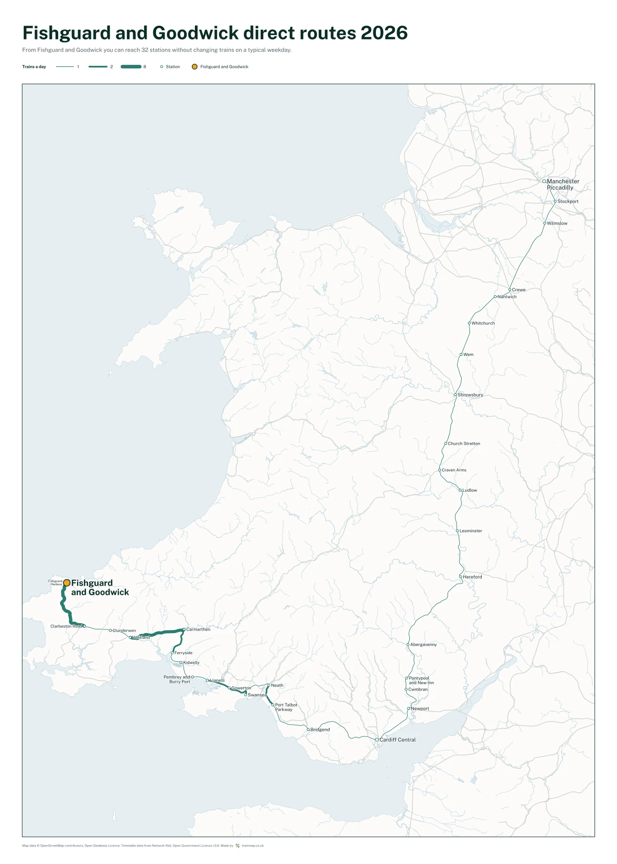 Fishguard and Goodwick direct routes 2026: a map of every station you can reach from Fishguard and Goodwick without changing trains, the lines thicker where more trains run