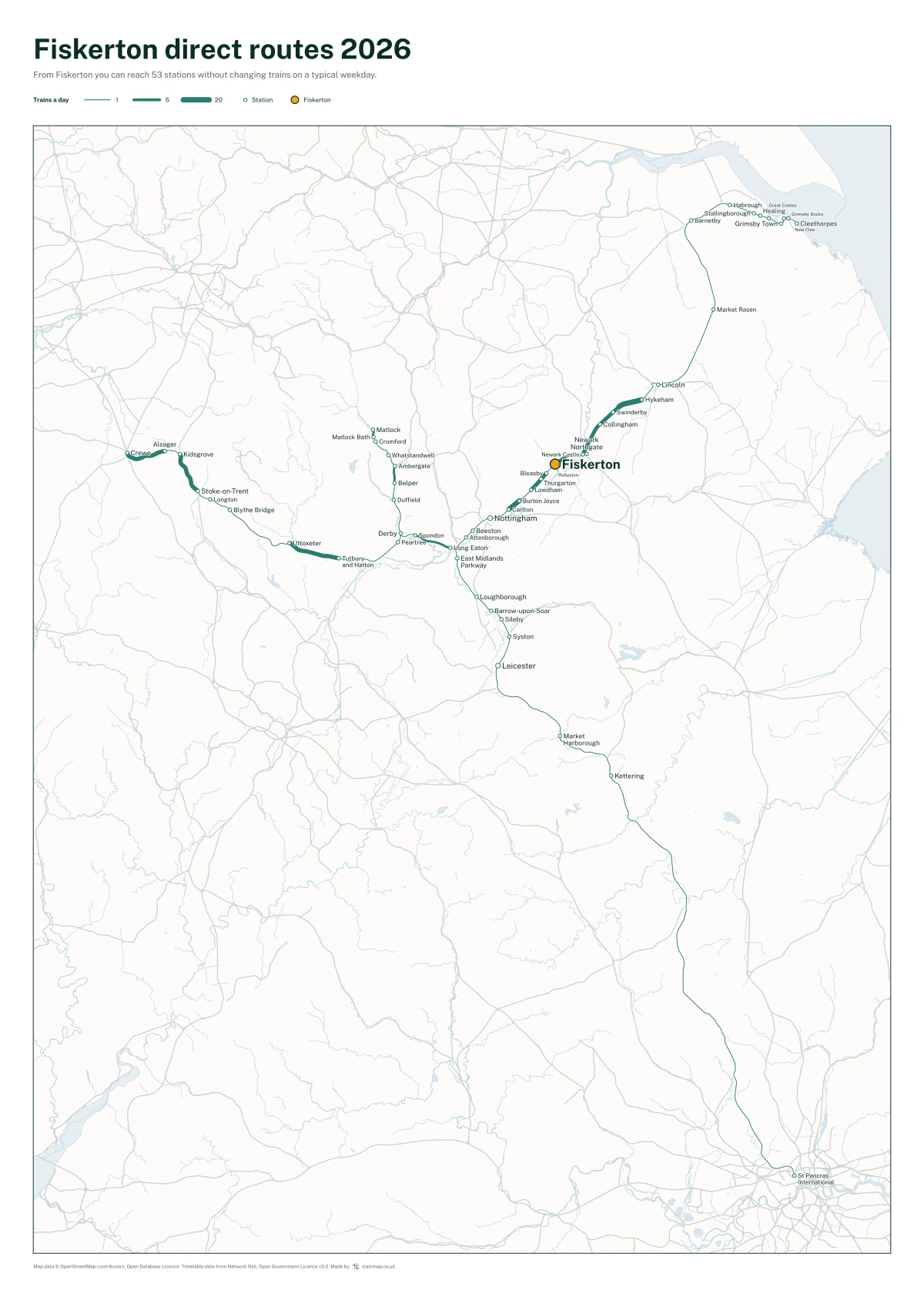 Fiskerton direct routes 2026: a map of every station you can reach from Fiskerton without changing trains, the lines thicker where more trains run