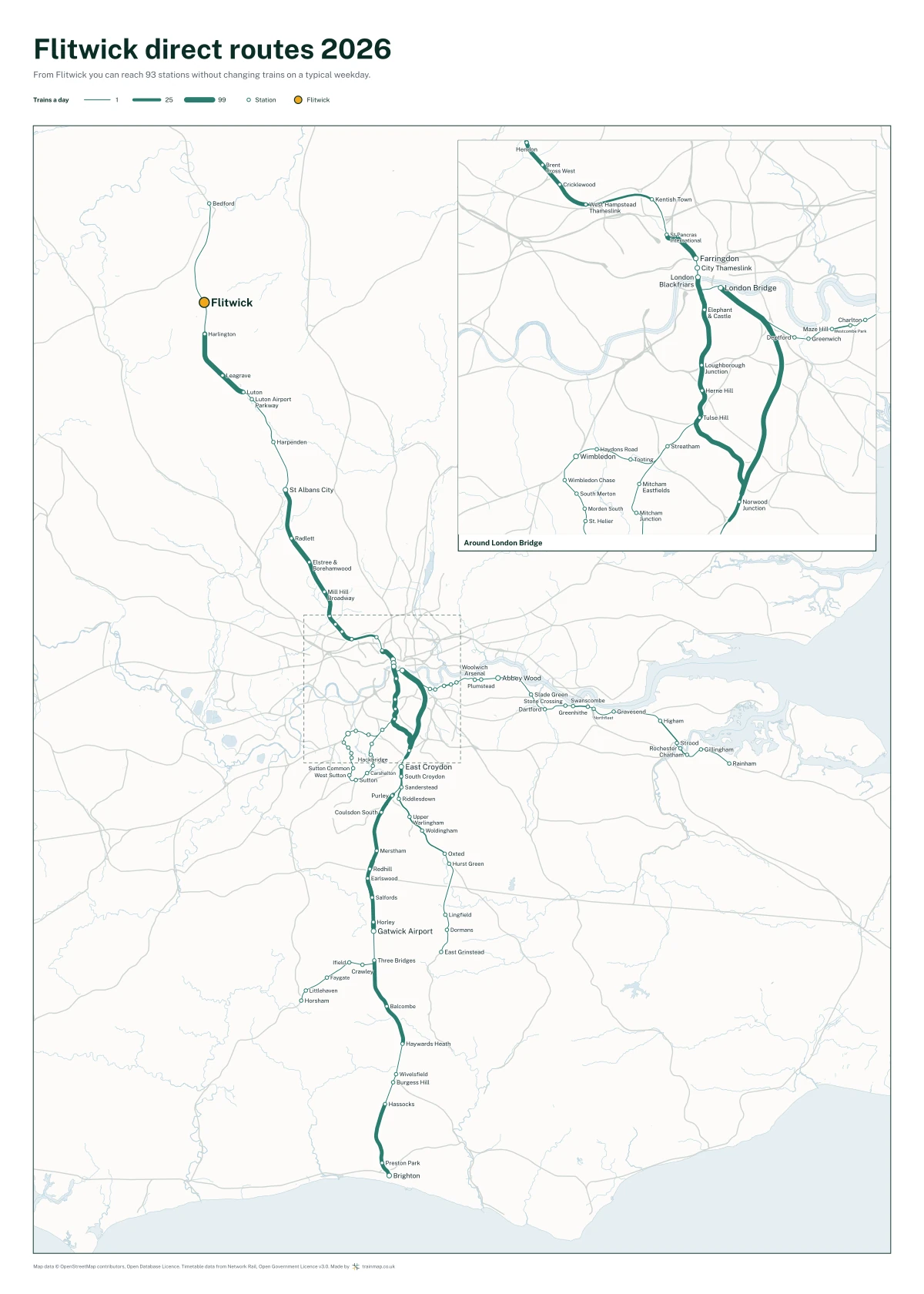 Flitwick direct routes 2026: a map of every station you can reach from Flitwick without changing trains, the lines thicker where more trains run