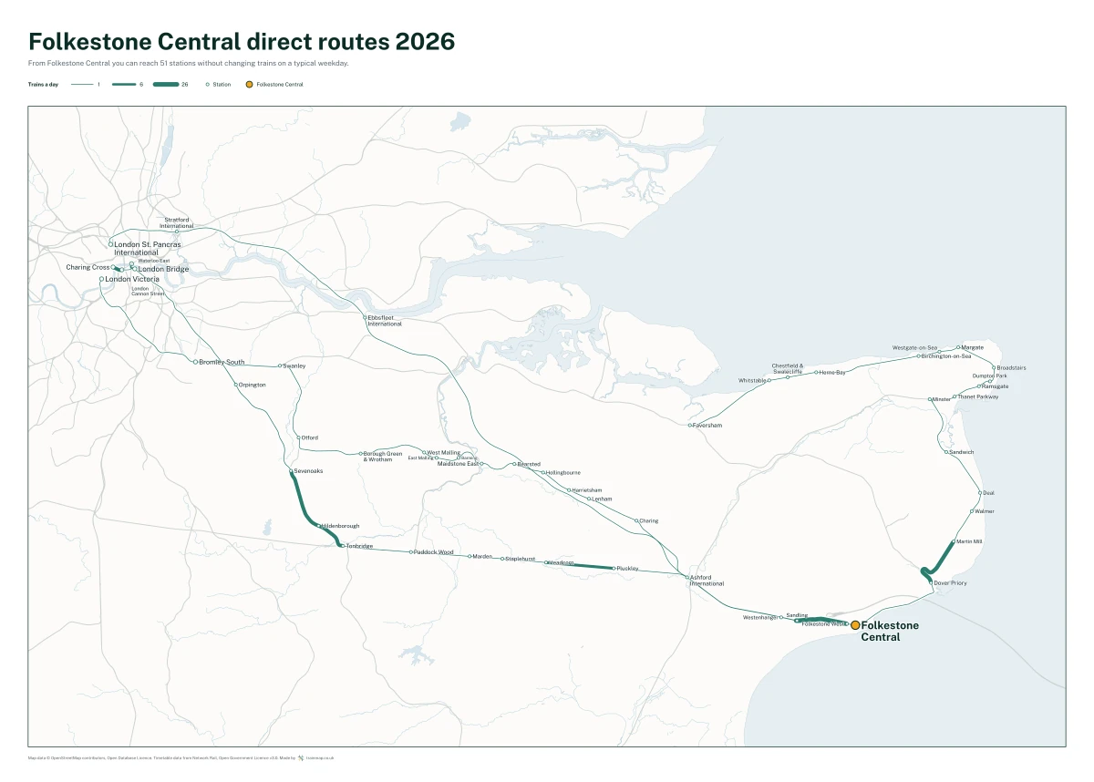 Folkestone Central direct routes 2026: a map of every station you can reach from Folkestone Central without changing trains, the lines thicker where more trains run