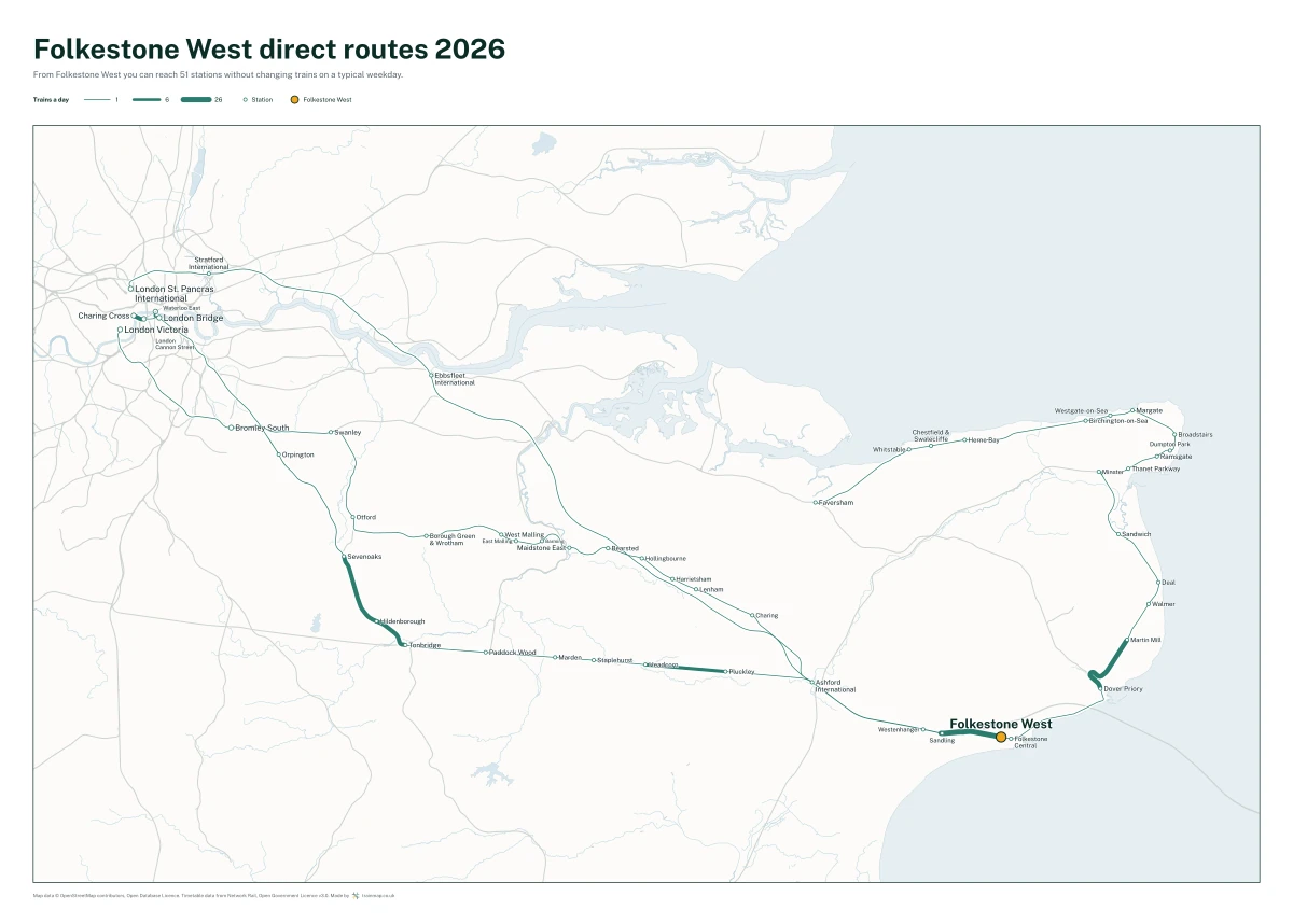 Folkestone West direct routes 2026: a map of every station you can reach from Folkestone West without changing trains, the lines thicker where more trains run