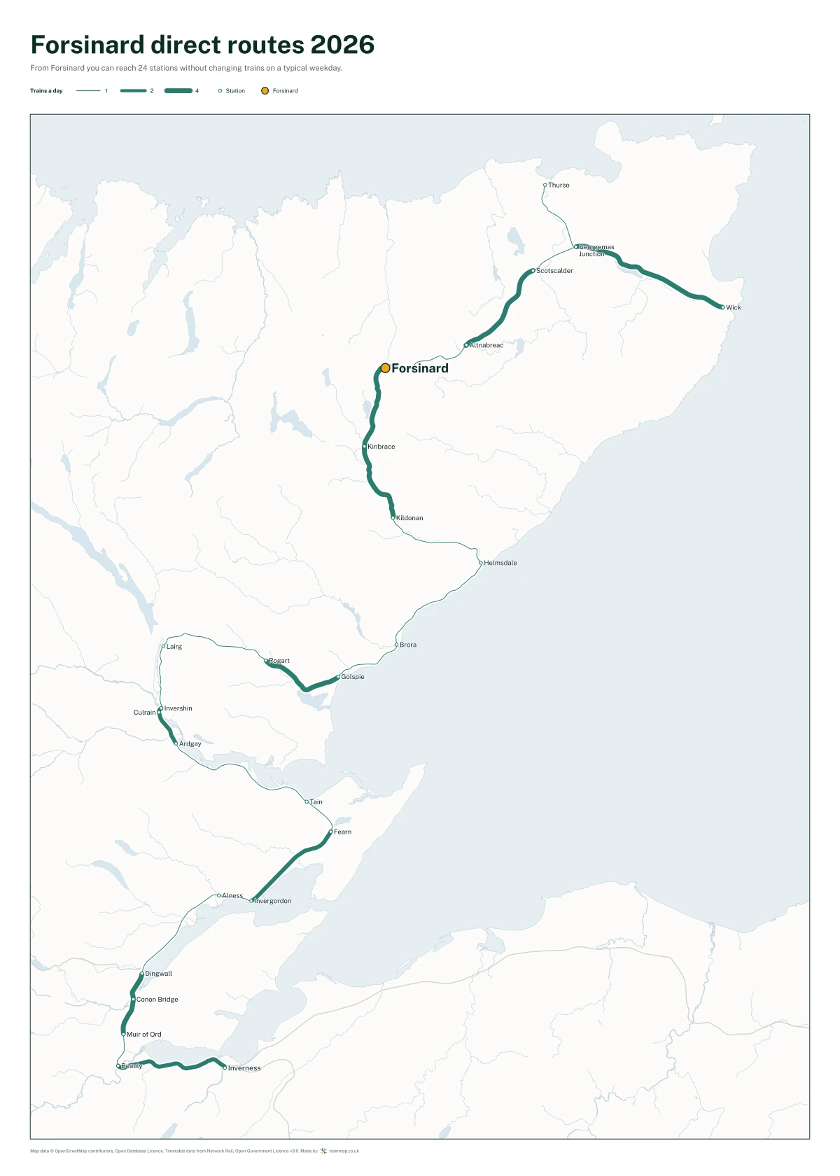 Forsinard direct routes 2026: a map of every station you can reach from Forsinard without changing trains, the lines thicker where more trains run