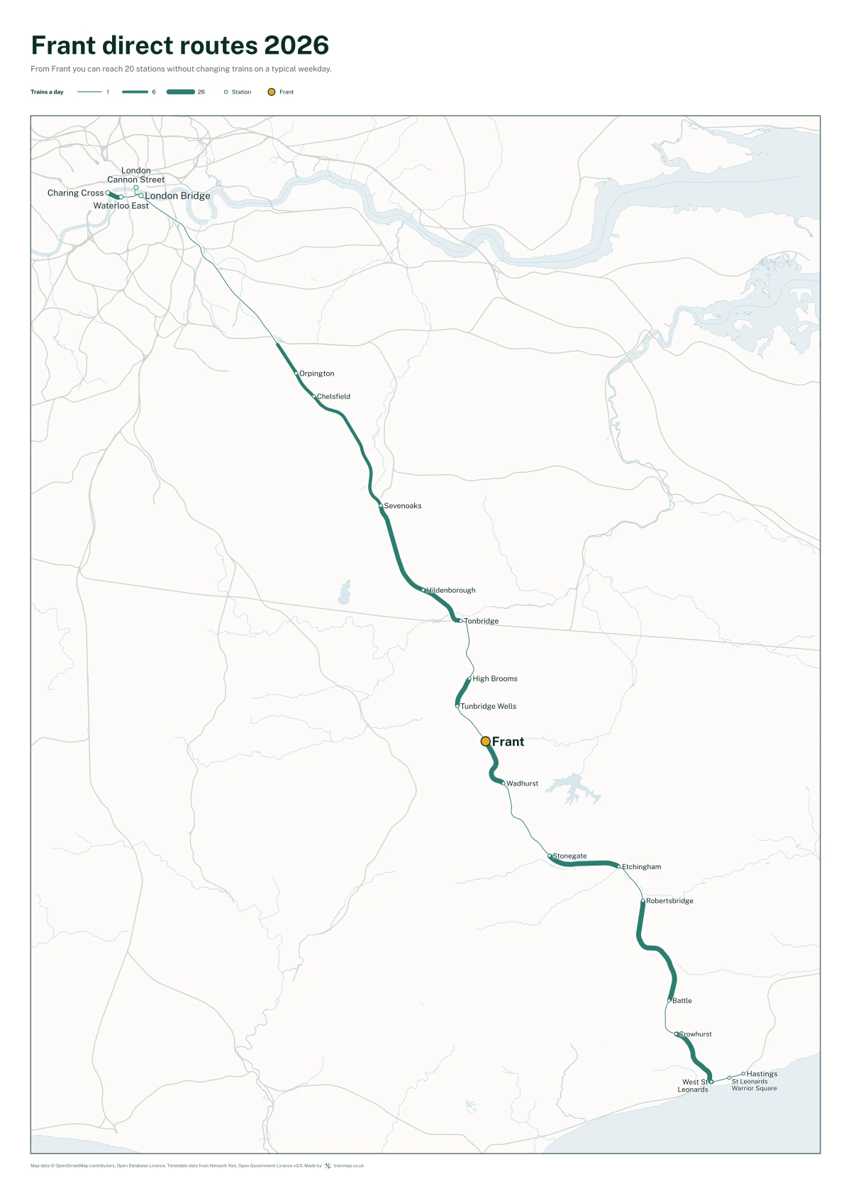Frant direct routes 2026: a map of every station you can reach from Frant without changing trains, the lines thicker where more trains run