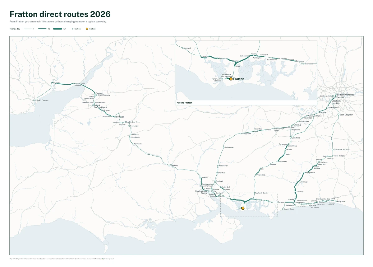 Fratton direct routes 2026: a map of every station you can reach from Fratton without changing trains, the lines thicker where more trains run