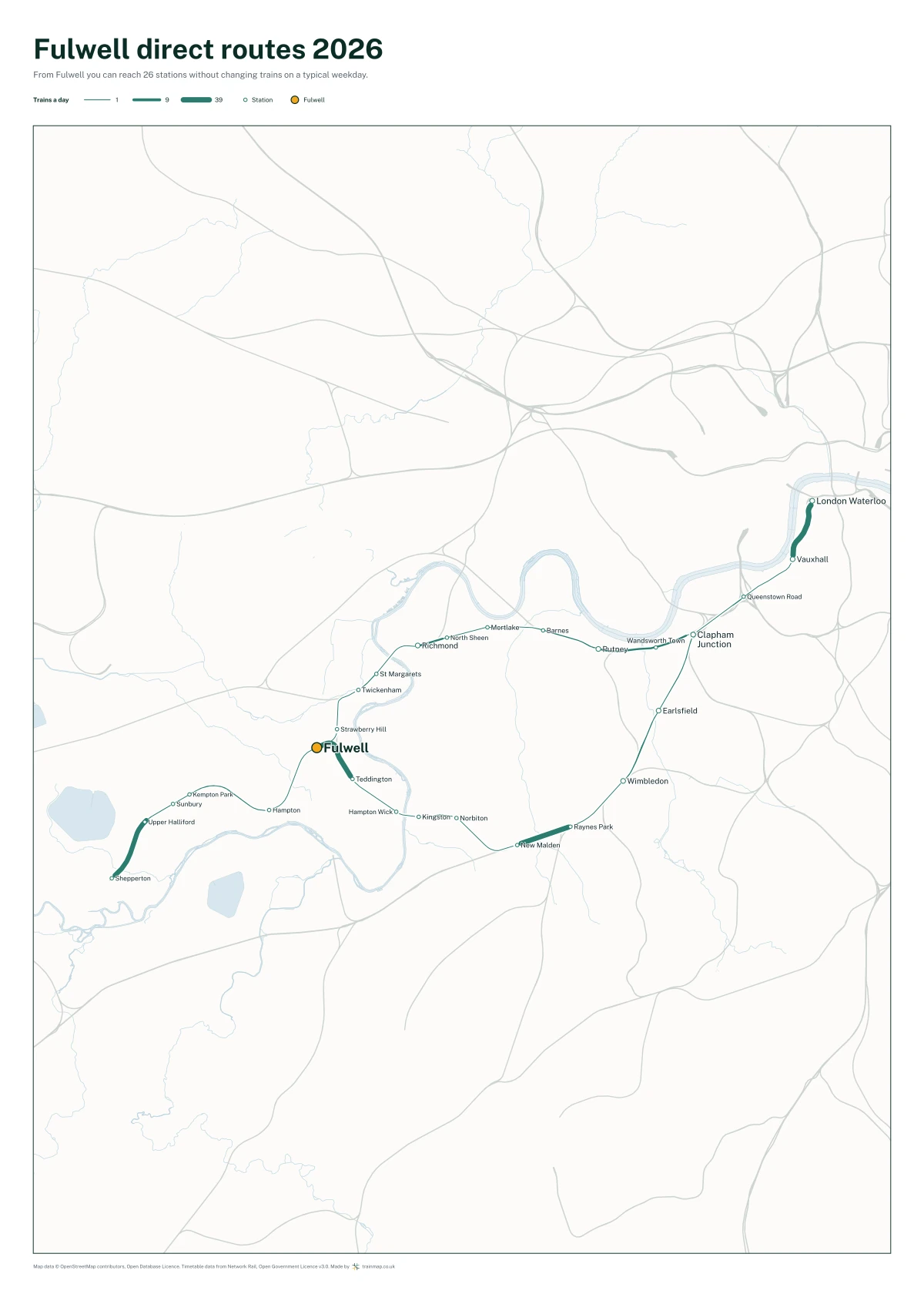 Fulwell direct routes 2026: a map of every station you can reach from Fulwell without changing trains, the lines thicker where more trains run