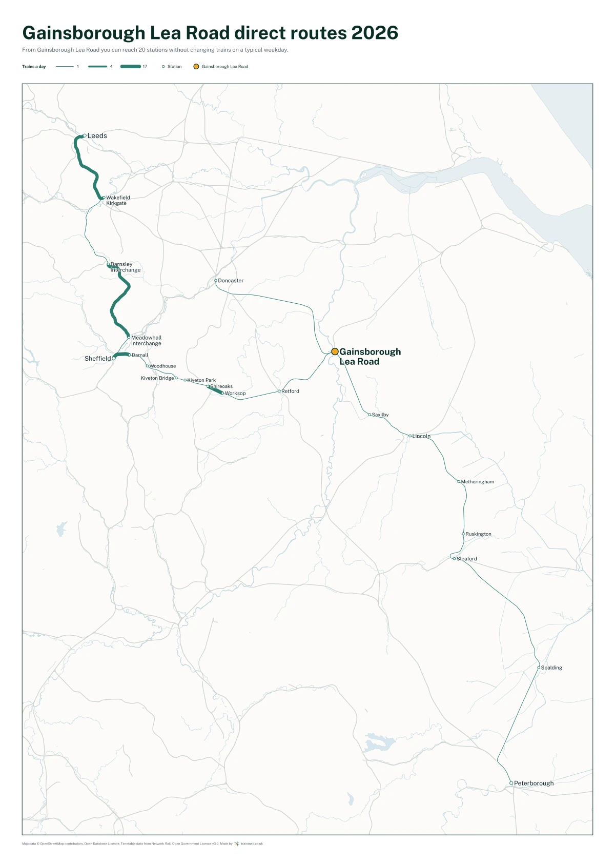 Gainsborough Lea Road direct routes 2026: a map of every station you can reach from Gainsborough Lea Road without changing trains, the lines thicker where more trains run