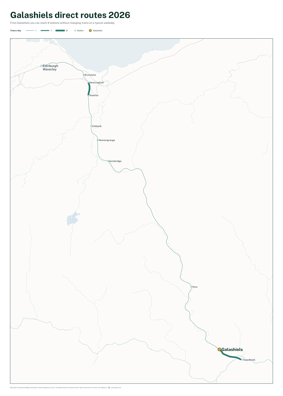 Galashiels direct routes 2026: a map of every station you can reach from Galashiels without changing trains, the lines thicker where more trains run