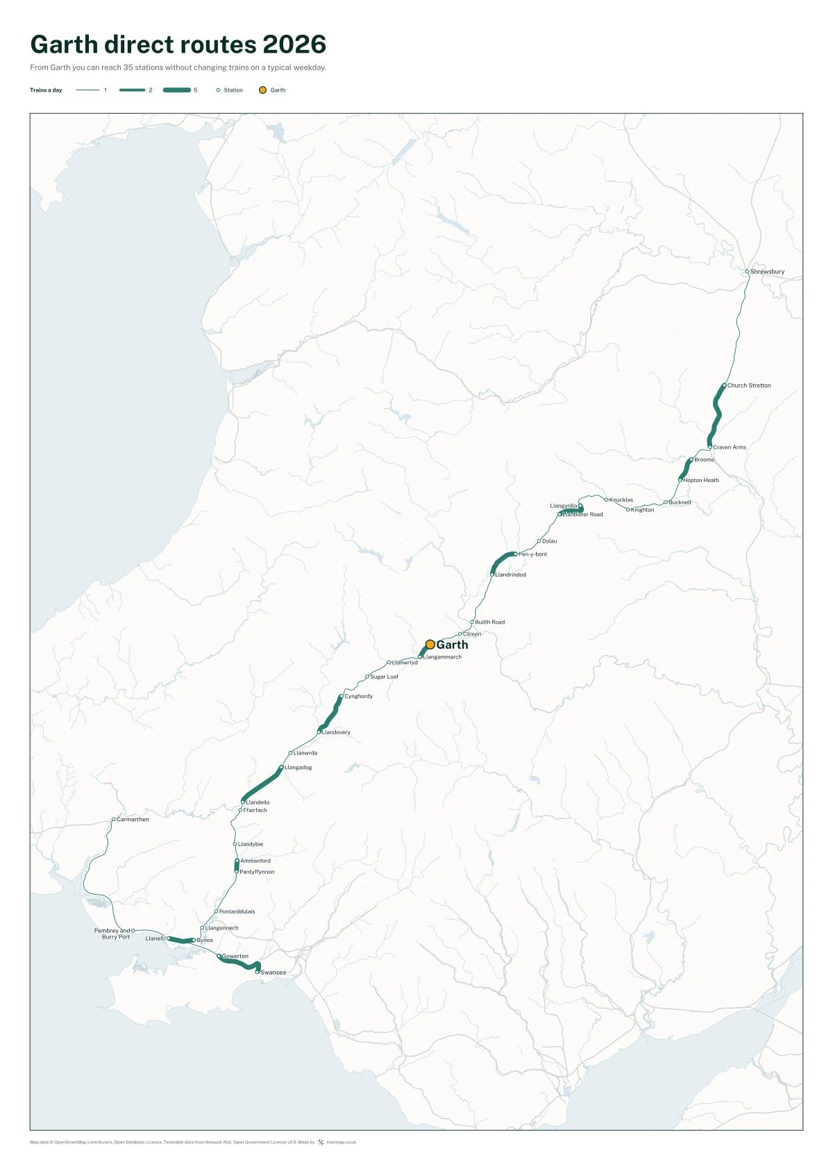 Garth direct routes 2026: a map of every station you can reach from Garth without changing trains, the lines thicker where more trains run