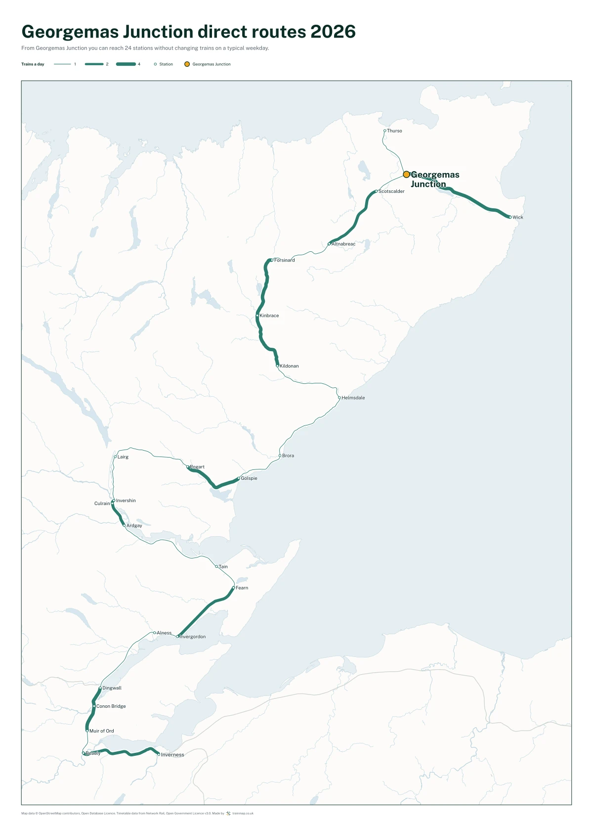Georgemas Junction direct routes 2026: a map of every station you can reach from Georgemas Junction without changing trains, the lines thicker where more trains run
