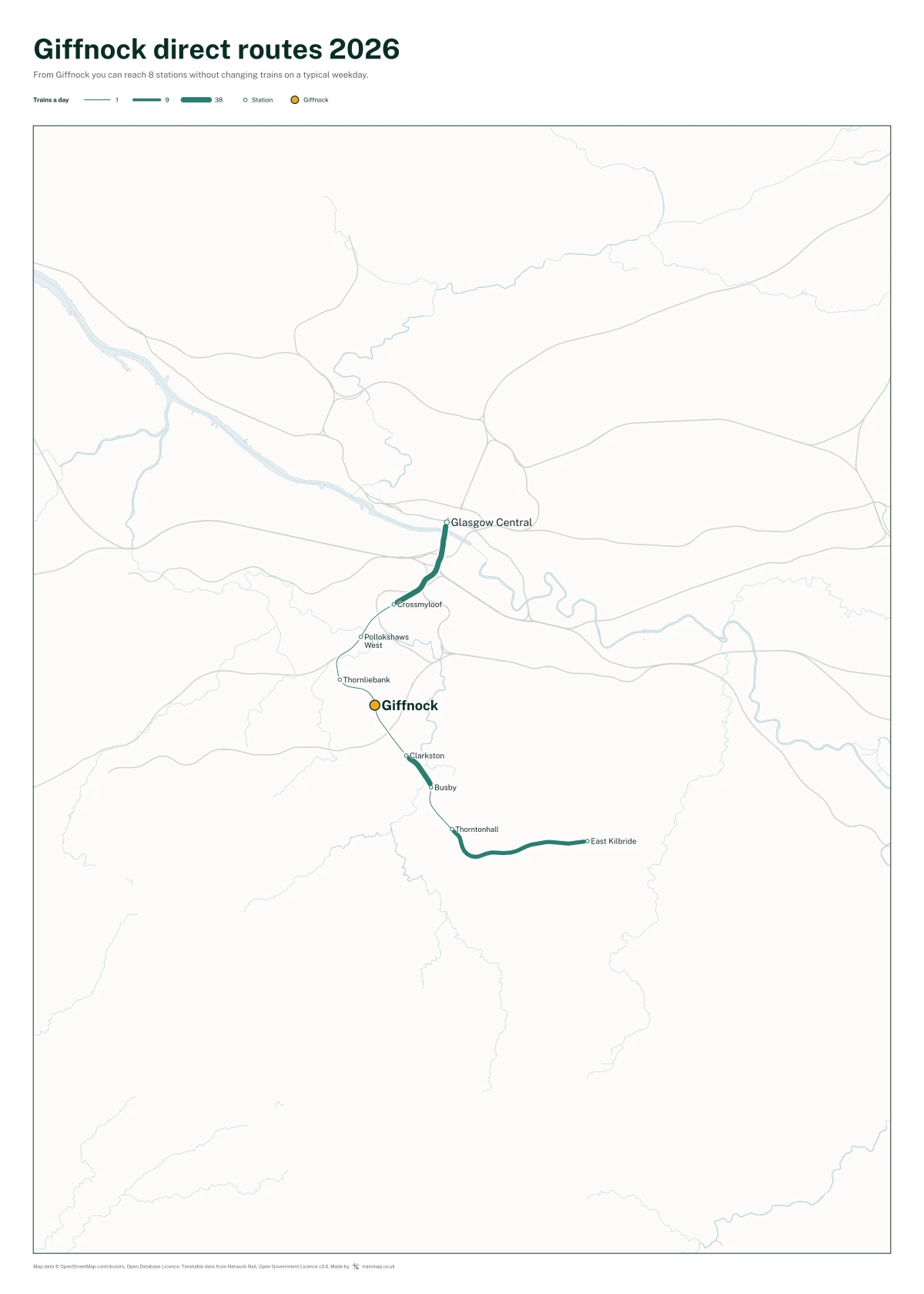 Giffnock direct routes 2026: a map of every station you can reach from Giffnock without changing trains, the lines thicker where more trains run
