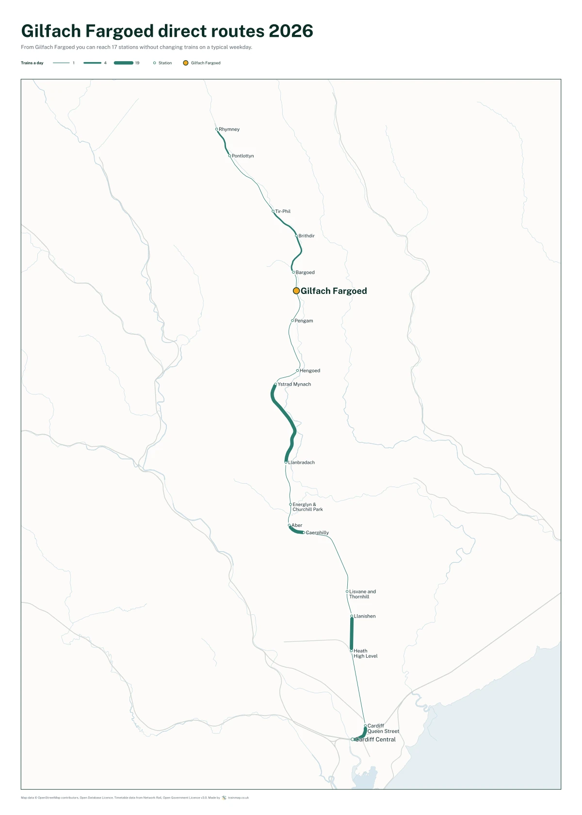 Gilfach Fargoed direct routes 2026: a map of every station you can reach from Gilfach Fargoed without changing trains, the lines thicker where more trains run