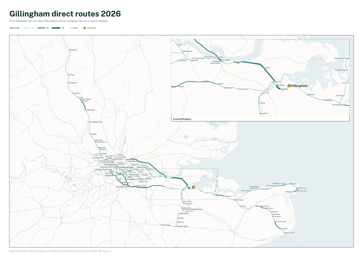 Gillingham (Kent) direct routes 2026: a map of every station you can reach from Gillingham (Kent) without changing trains, the lines thicker where more trains run