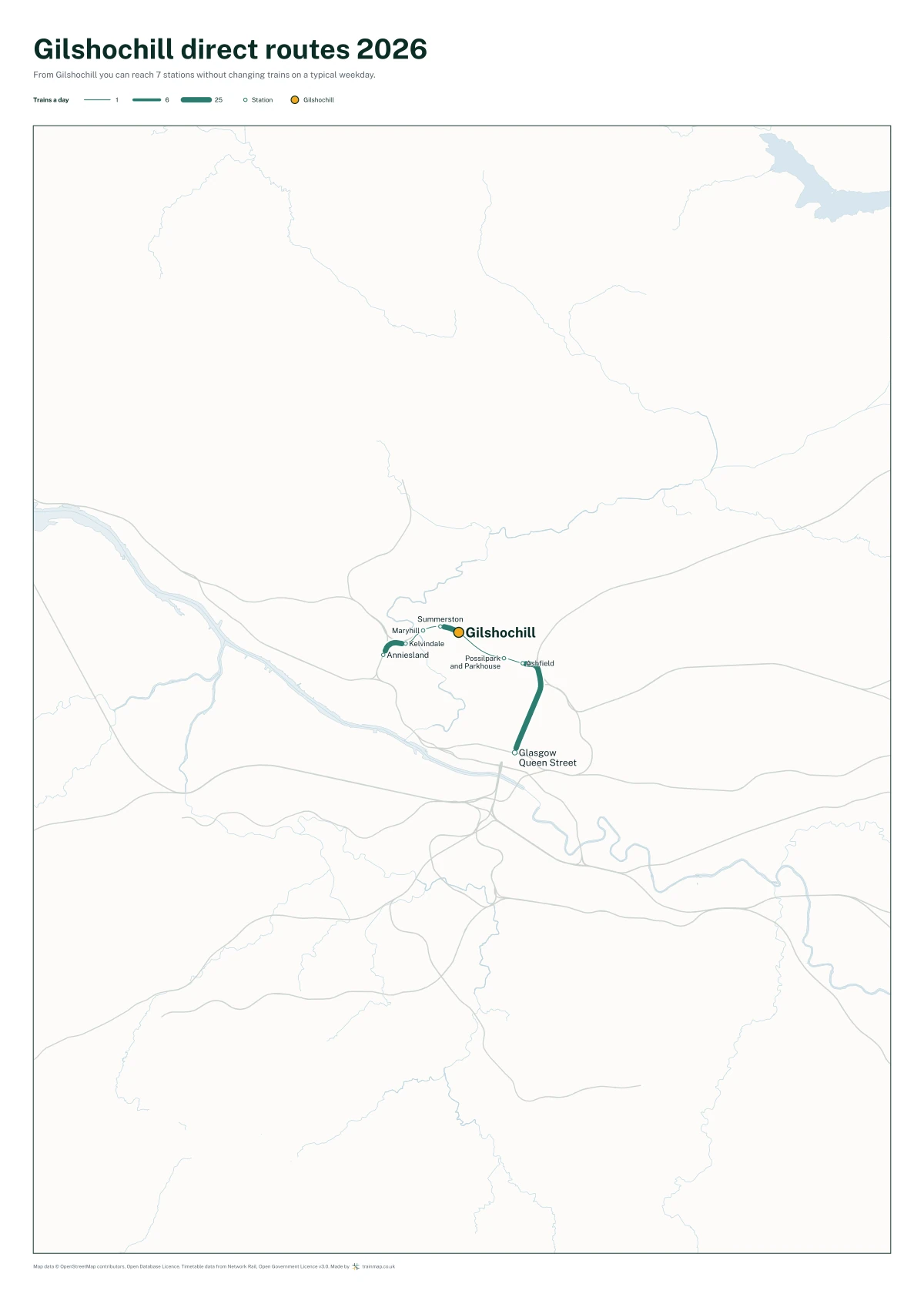 Gilshochill direct routes 2026: a map of every station you can reach from Gilshochill without changing trains, the lines thicker where more trains run