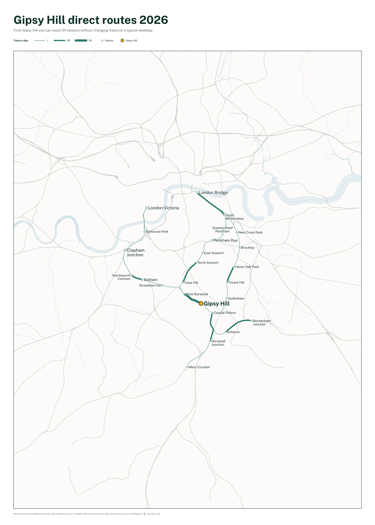 Gipsy Hill direct routes 2026: a map of every station you can reach from Gipsy Hill without changing trains, the lines thicker where more trains run