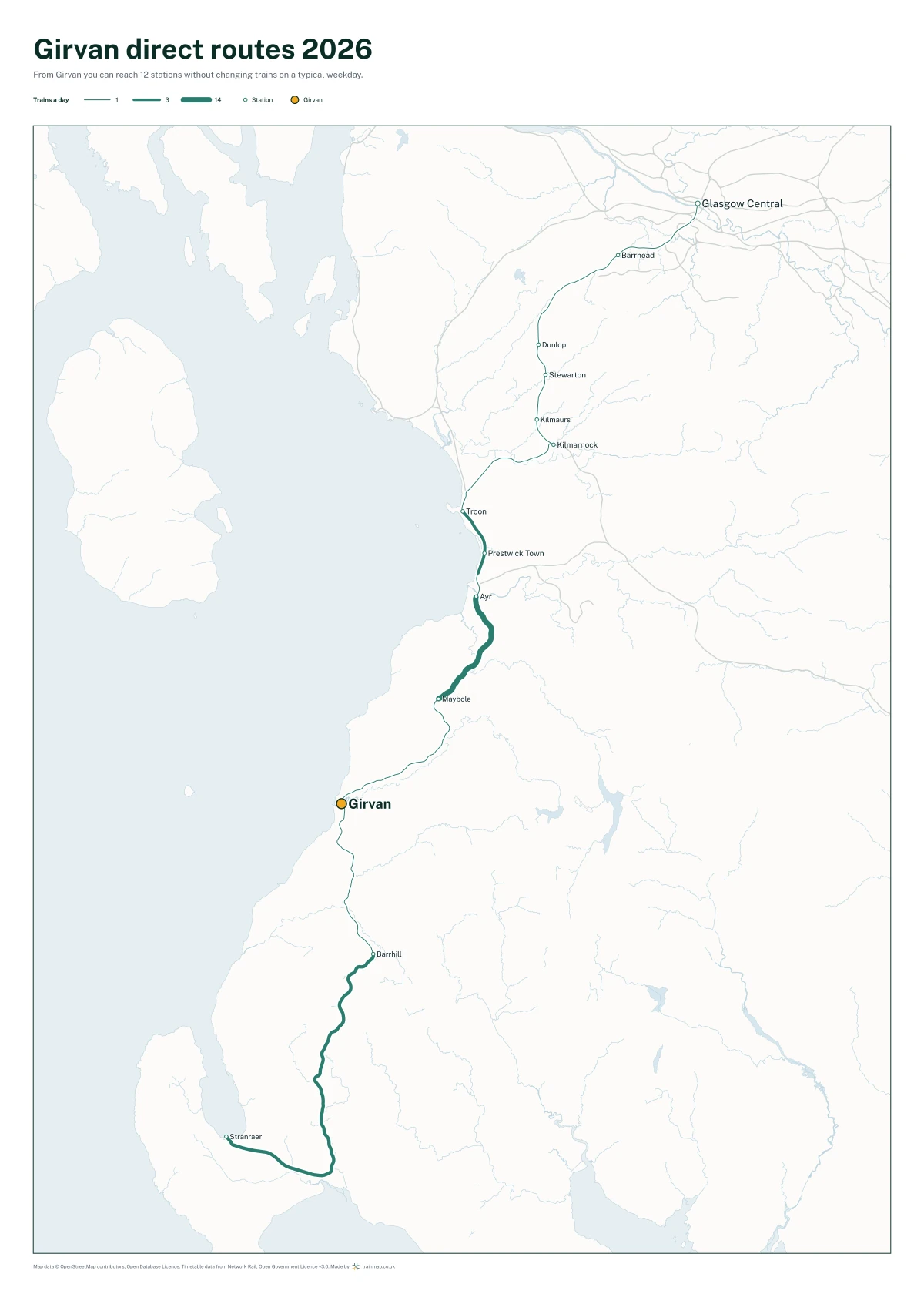 Girvan direct routes 2026: a map of every station you can reach from Girvan without changing trains, the lines thicker where more trains run