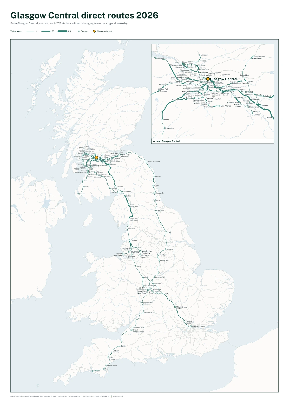 Glasgow Central direct routes 2026: a map of every station you can reach from Glasgow Central without changing trains, the lines thicker where more trains run