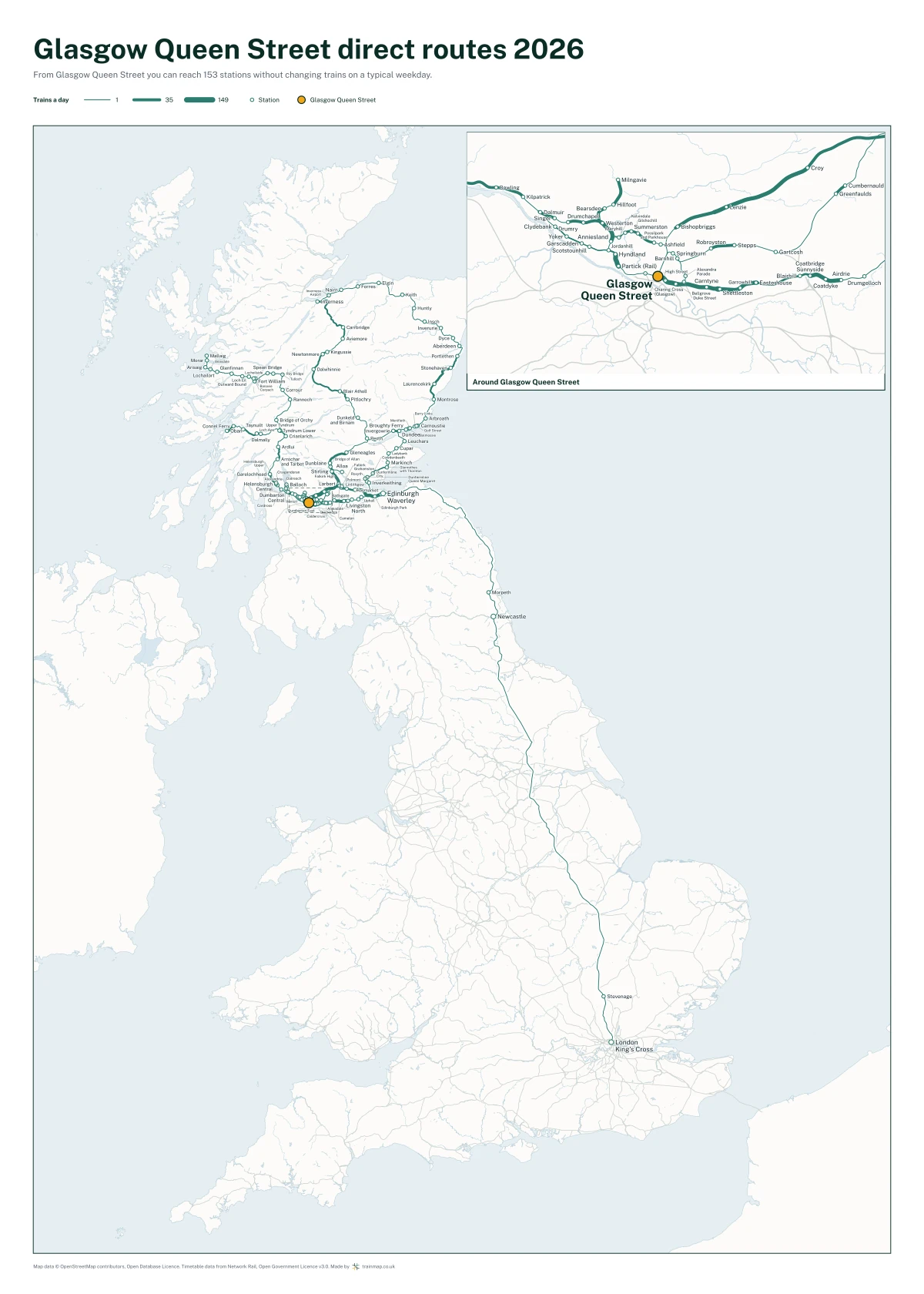 Glasgow Queen Street direct routes 2026: a map of every station you can reach from Glasgow Queen Street without changing trains, the lines thicker where more trains run