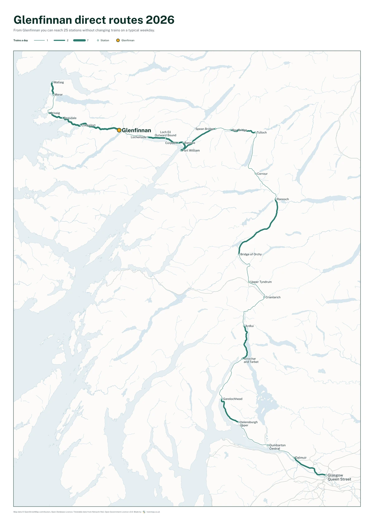 Glenfinnan direct routes 2026: a map of every station you can reach from Glenfinnan without changing trains, the lines thicker where more trains run
