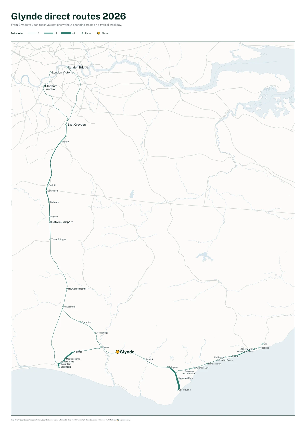 Glynde direct routes 2026: a map of every station you can reach from Glynde without changing trains, the lines thicker where more trains run