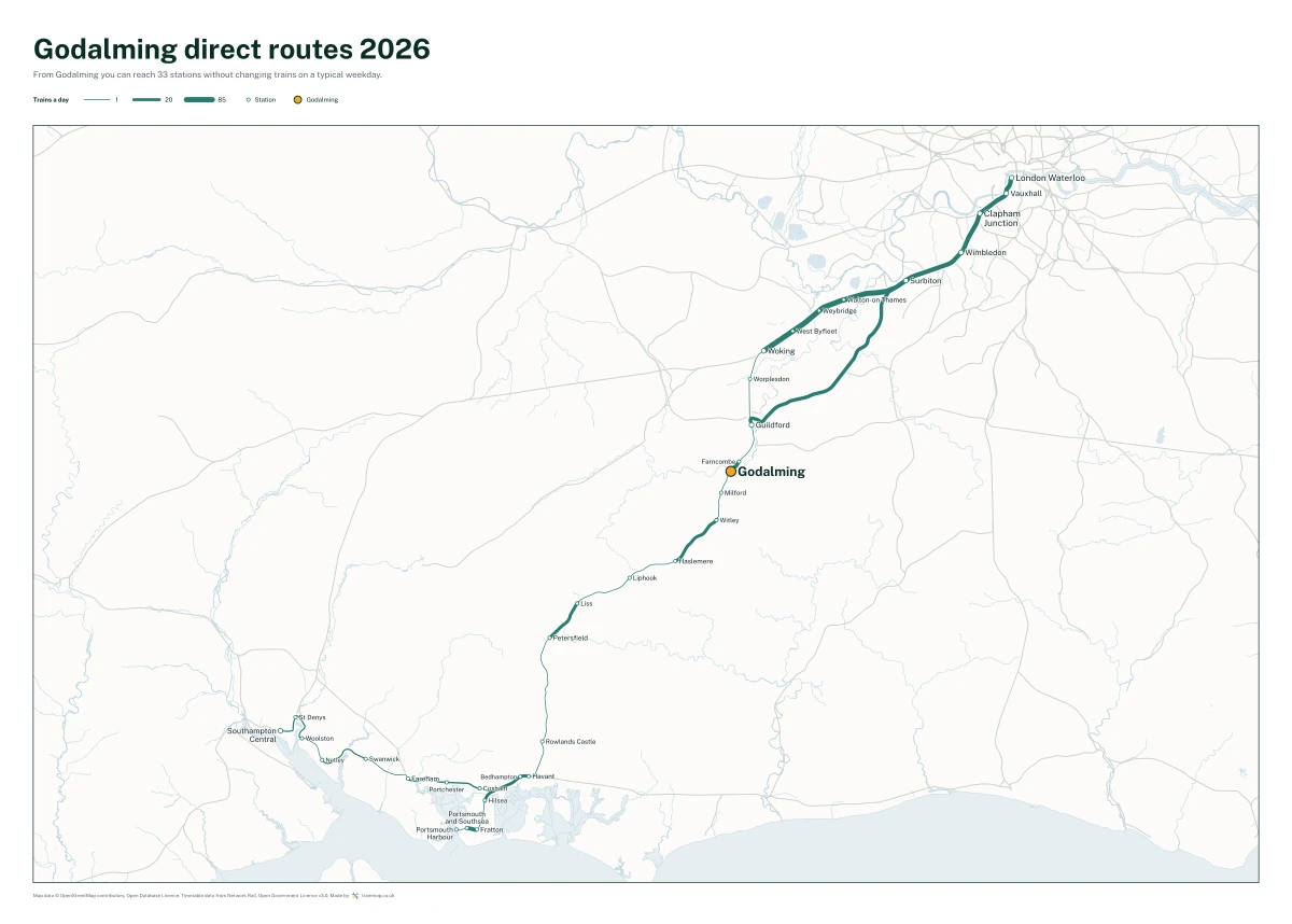 Godalming direct routes 2026: a map of every station you can reach from Godalming without changing trains, the lines thicker where more trains run