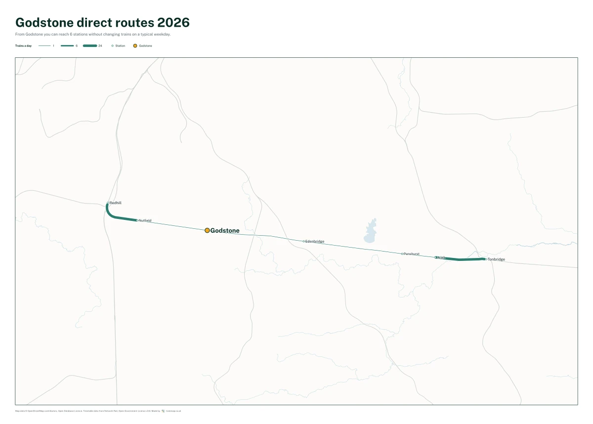 Godstone direct routes 2026: a map of every station you can reach from Godstone without changing trains, the lines thicker where more trains run