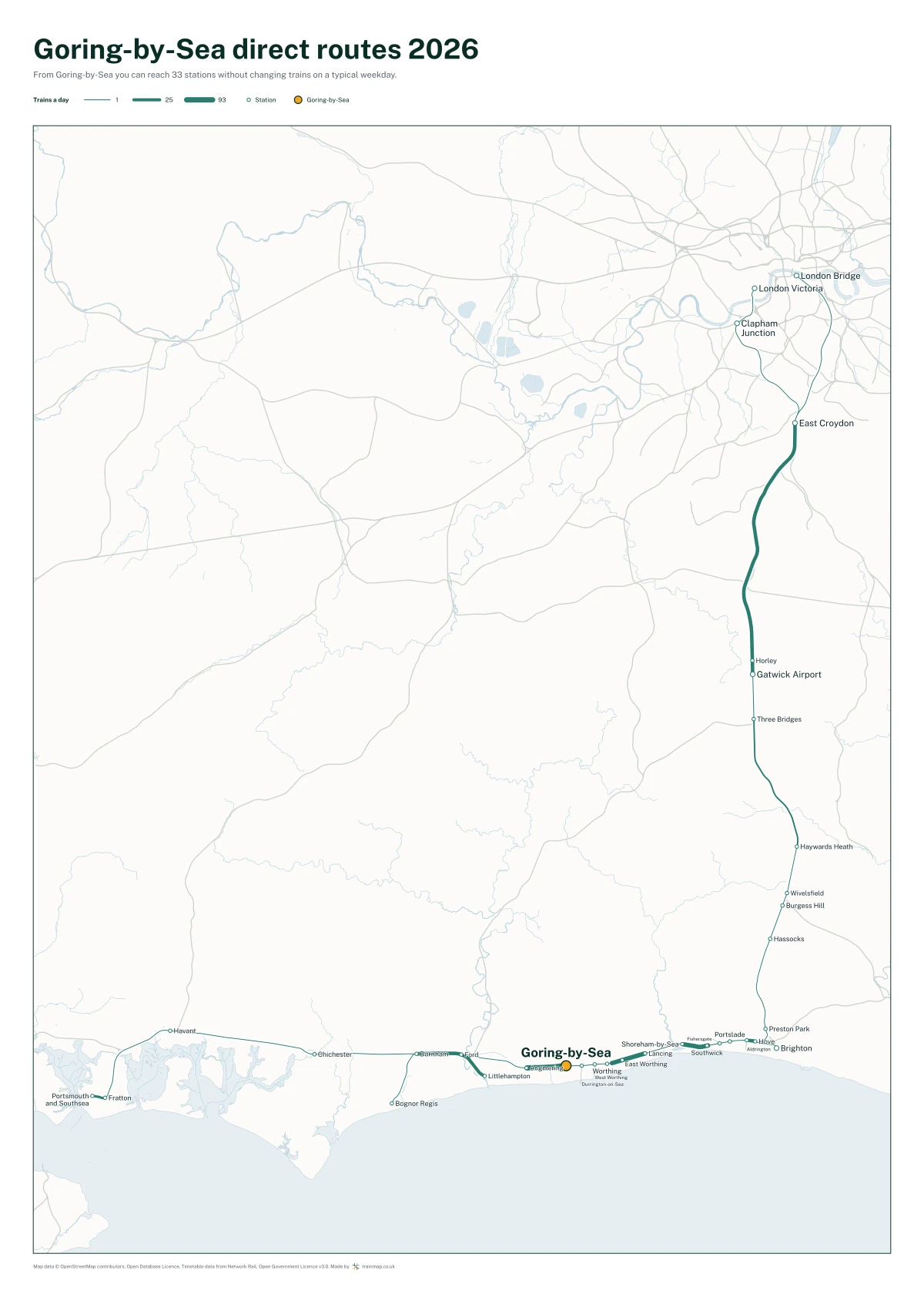 Goring-by-Sea direct routes 2026: a map of every station you can reach from Goring-by-Sea without changing trains, the lines thicker where more trains run