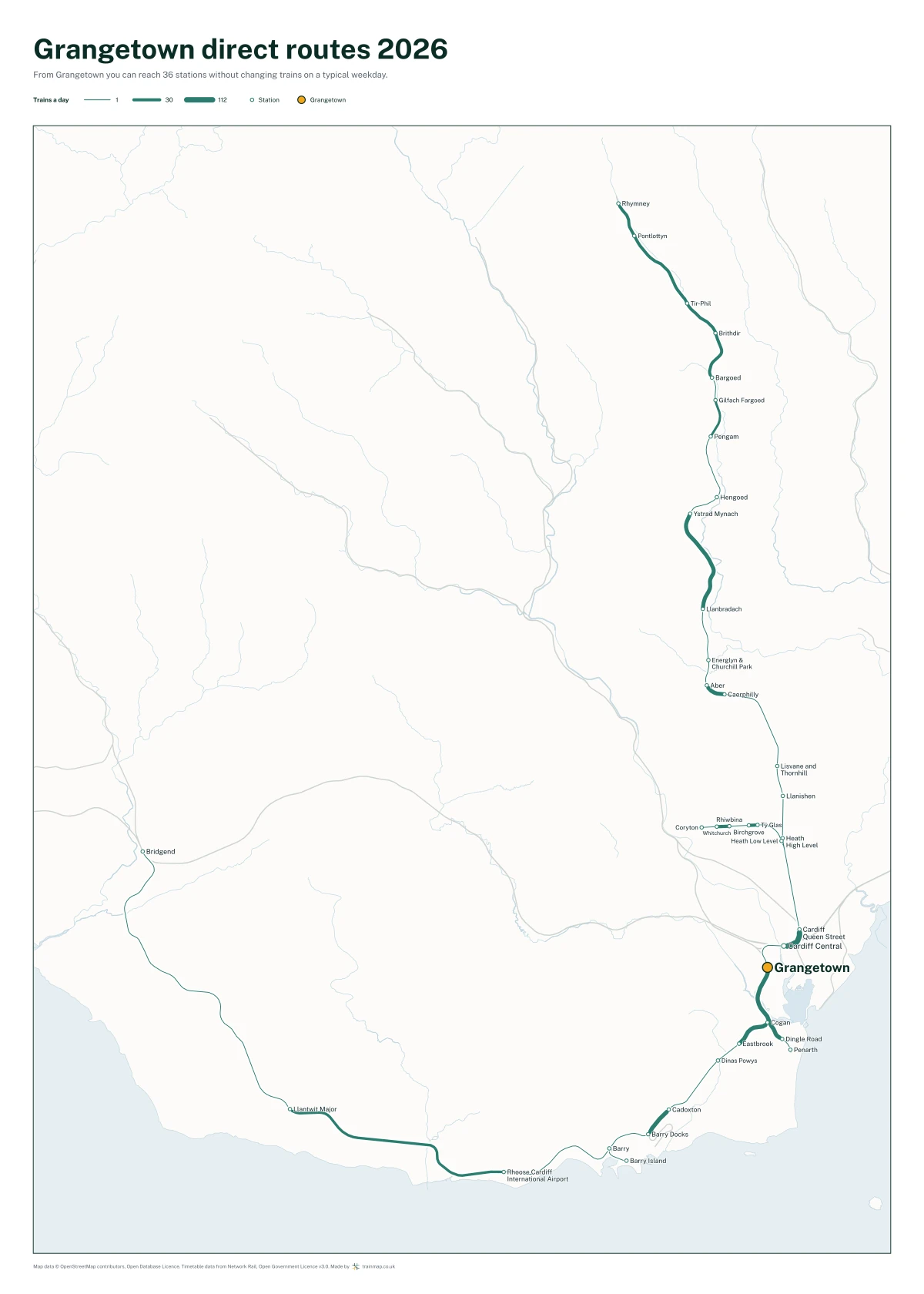 Grangetown direct routes 2026: a map of every station you can reach from Grangetown without changing trains, the lines thicker where more trains run