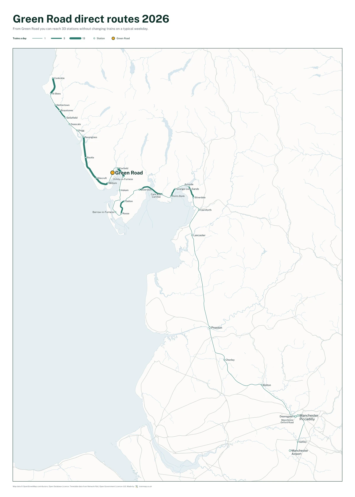 Green Road direct routes 2026: a map of every station you can reach from Green Road without changing trains, the lines thicker where more trains run