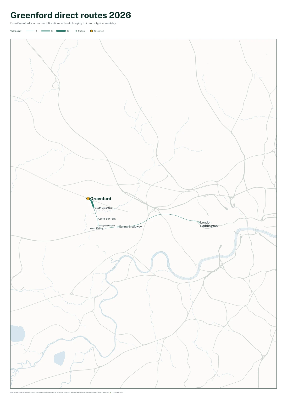 Greenford direct routes 2026: a map of every station you can reach from Greenford without changing trains, the lines thicker where more trains run