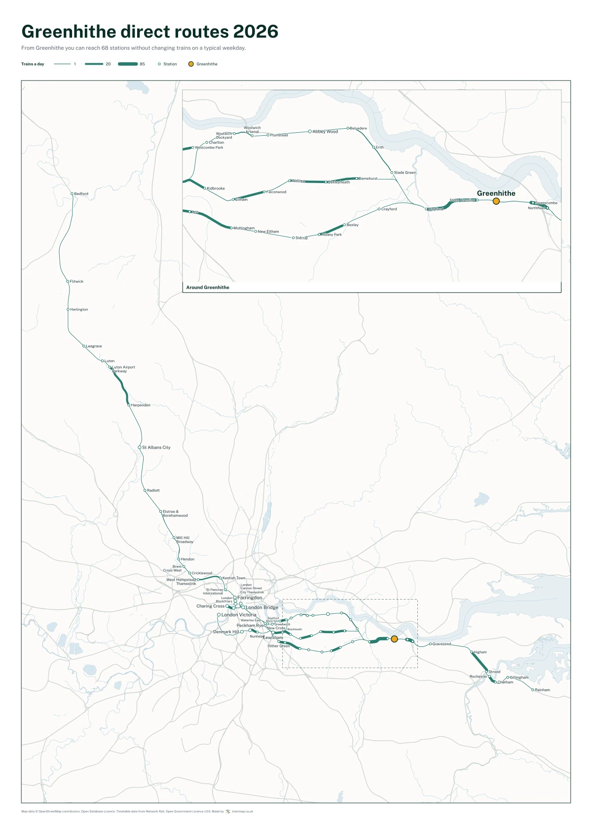 Greenhithe direct routes 2026: a map of every station you can reach from Greenhithe without changing trains, the lines thicker where more trains run