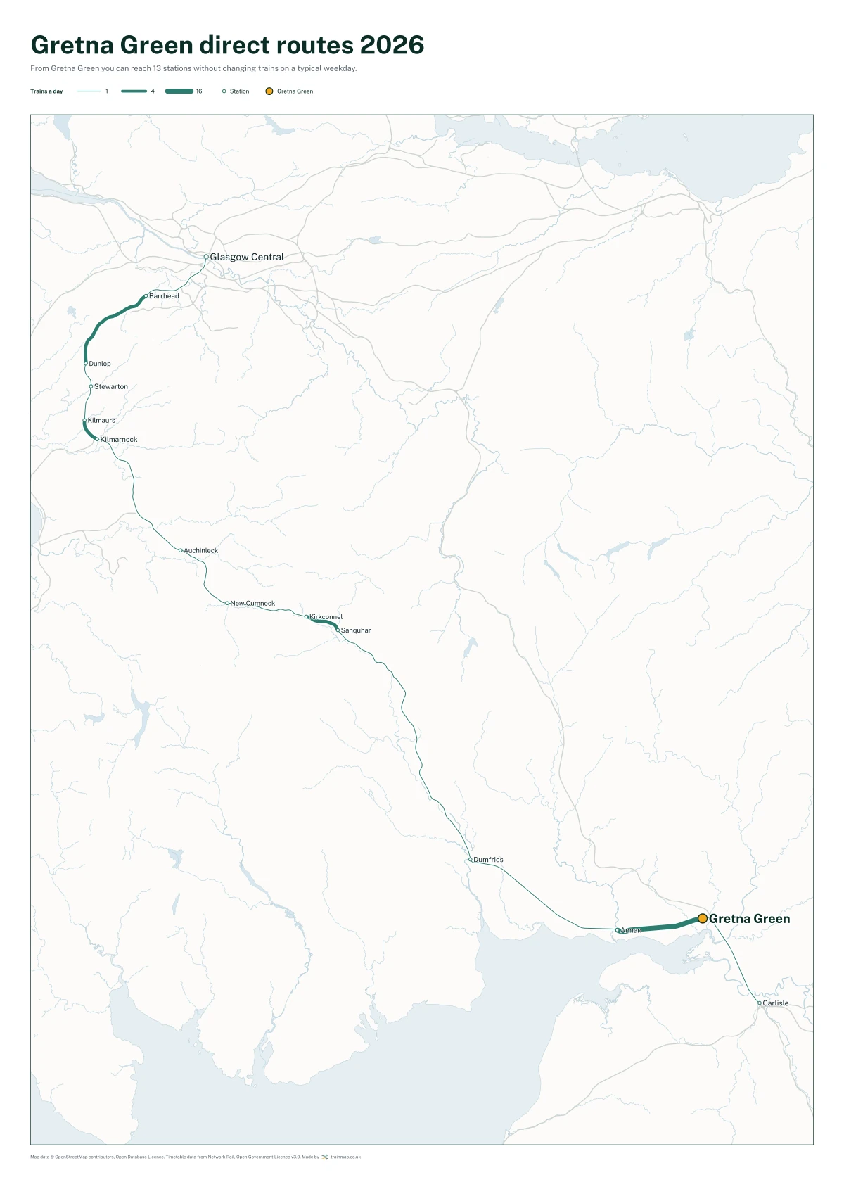 Gretna Green direct routes 2026: a map of every station you can reach from Gretna Green without changing trains, the lines thicker where more trains run