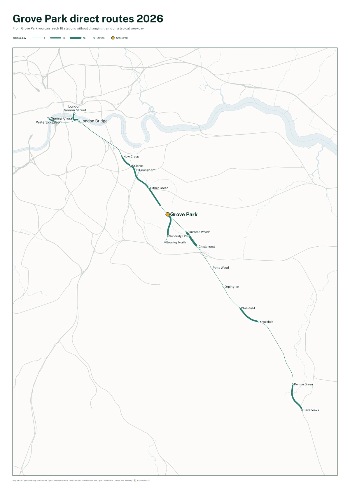 Grove Park direct routes 2026: a map of every station you can reach from Grove Park without changing trains, the lines thicker where more trains run