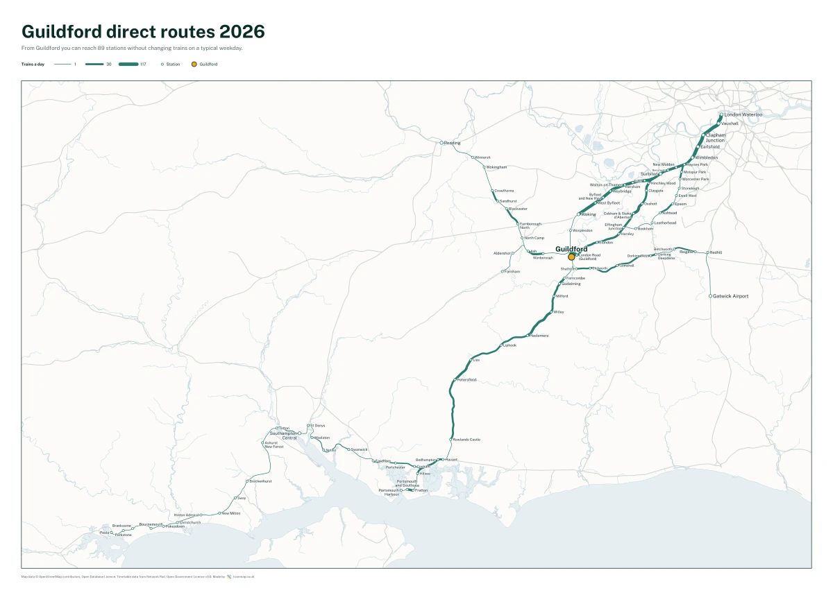 Guildford direct routes 2026: a map of every station you can reach from Guildford without changing trains, the lines thicker where more trains run
