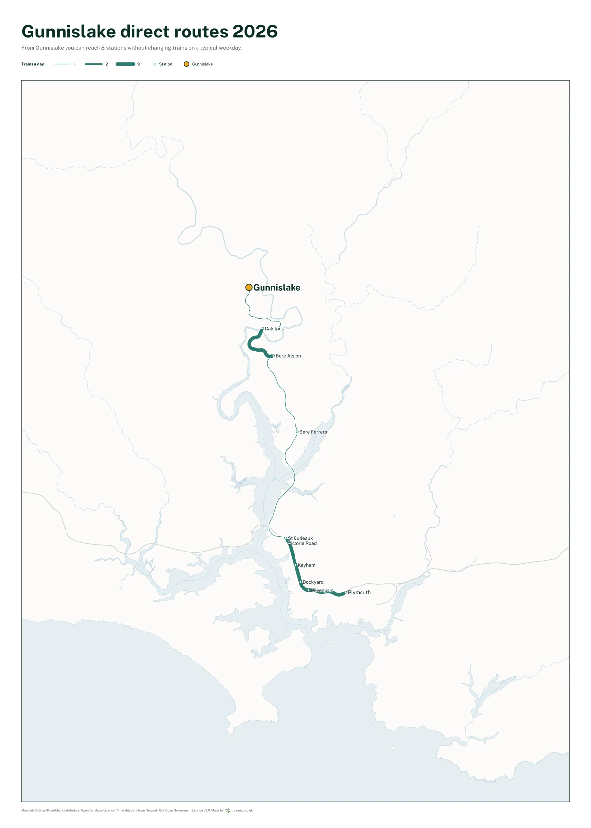 Gunnislake direct routes 2026: a map of every station you can reach from Gunnislake without changing trains, the lines thicker where more trains run