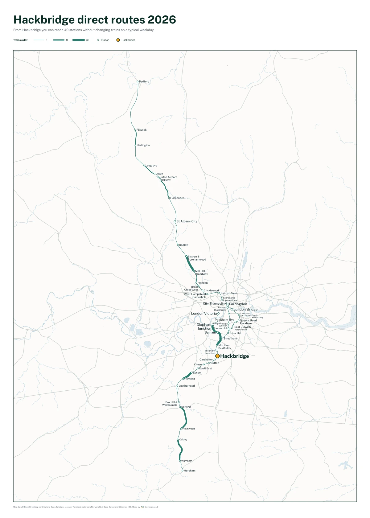 Hackbridge direct routes 2026: a map of every station you can reach from Hackbridge without changing trains, the lines thicker where more trains run