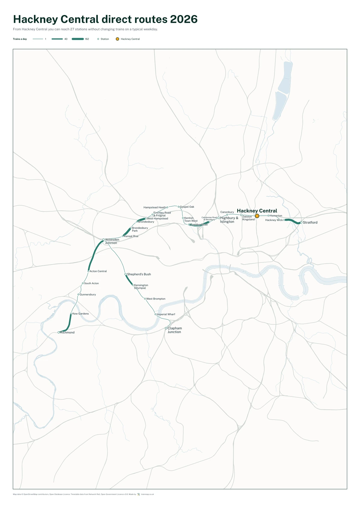 Hackney Central direct routes 2026: a map of every station you can reach from Hackney Central without changing trains, the lines thicker where more trains run