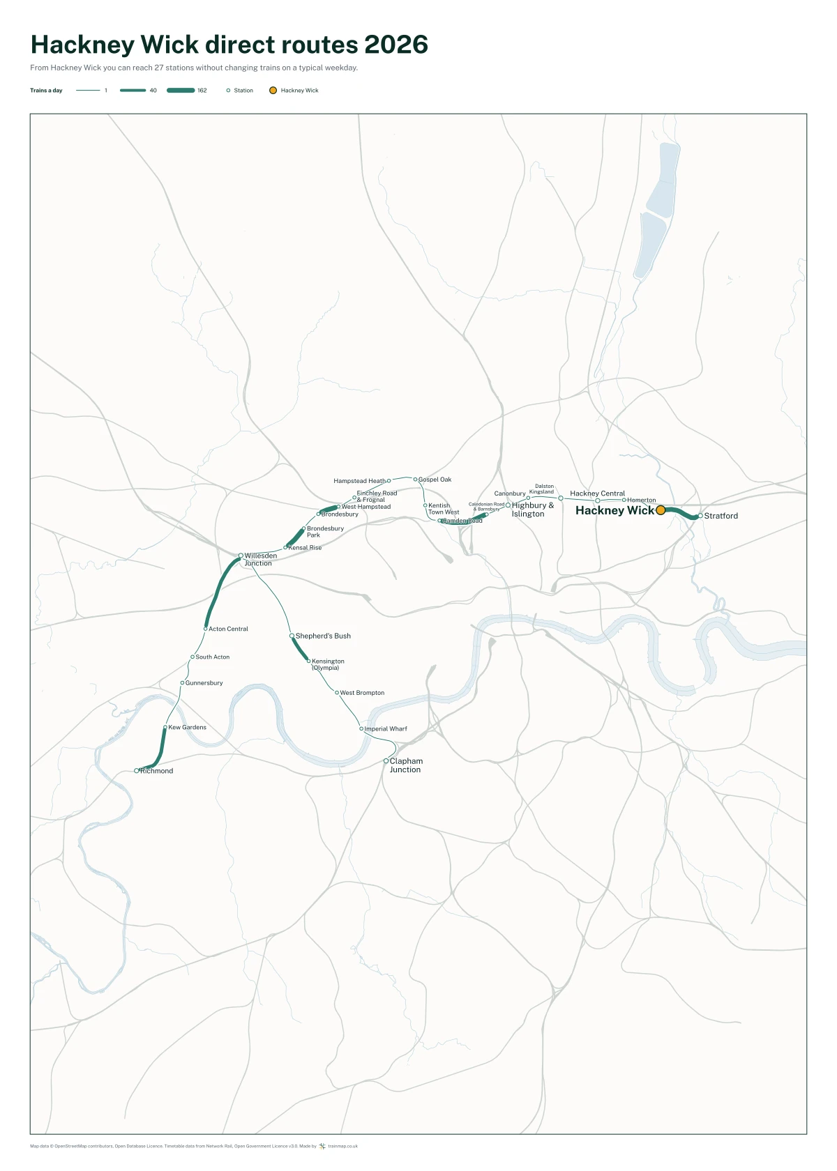 Hackney Wick direct routes 2026: a map of every station you can reach from Hackney Wick without changing trains, the lines thicker where more trains run