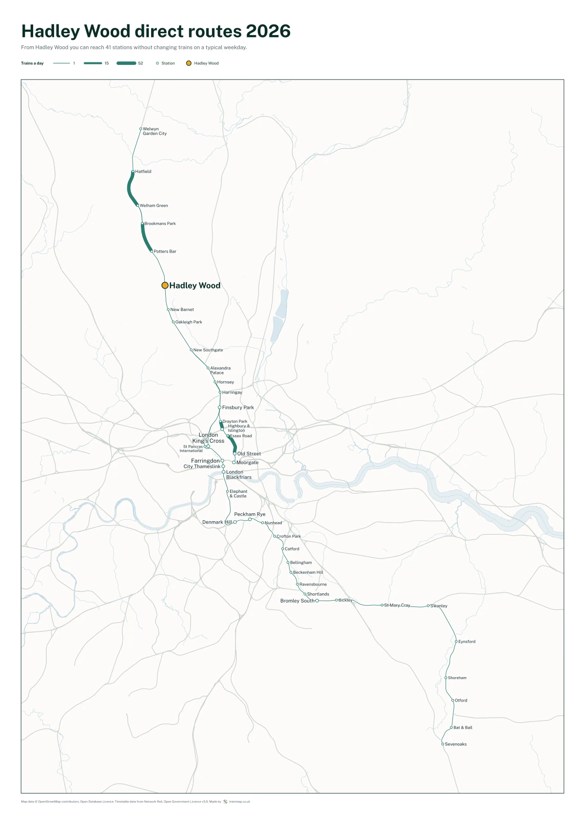 Hadley Wood direct routes 2026: a map of every station you can reach from Hadley Wood without changing trains, the lines thicker where more trains run