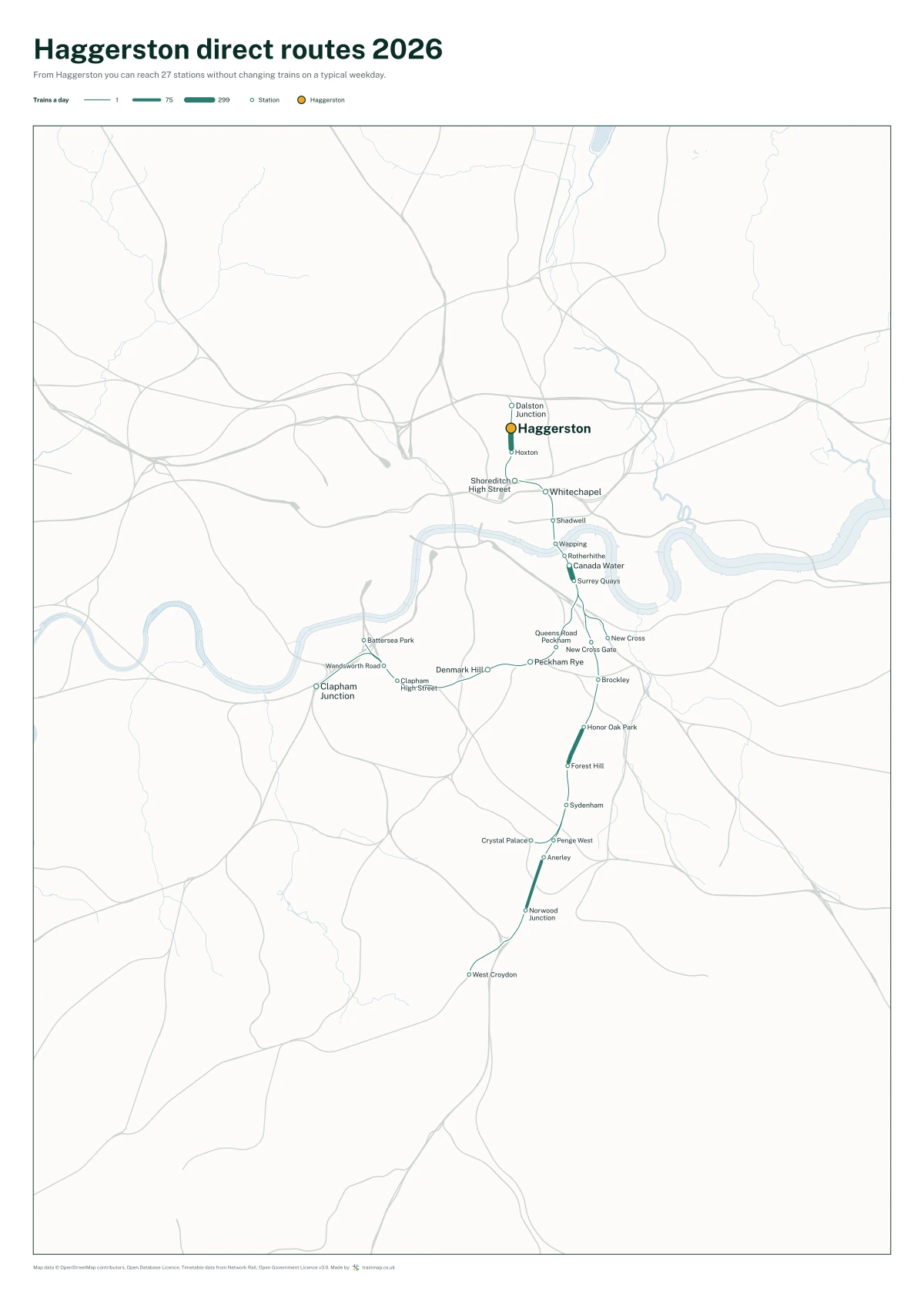 Haggerston direct routes 2026: a map of every station you can reach from Haggerston without changing trains, the lines thicker where more trains run